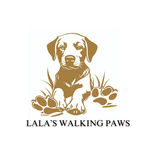 Graphic of a dog lying down with the text 'Lala's Walking Paws' beneath.